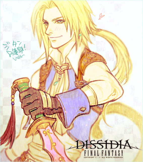 00s 1boy blonde_hair blue_eyes blurry dagger depth_of_field final_fantasy final_fantasy_ix gloves j_(onose1213) knife long_hair male_focus ponytail solo weapon zidane_tribal
