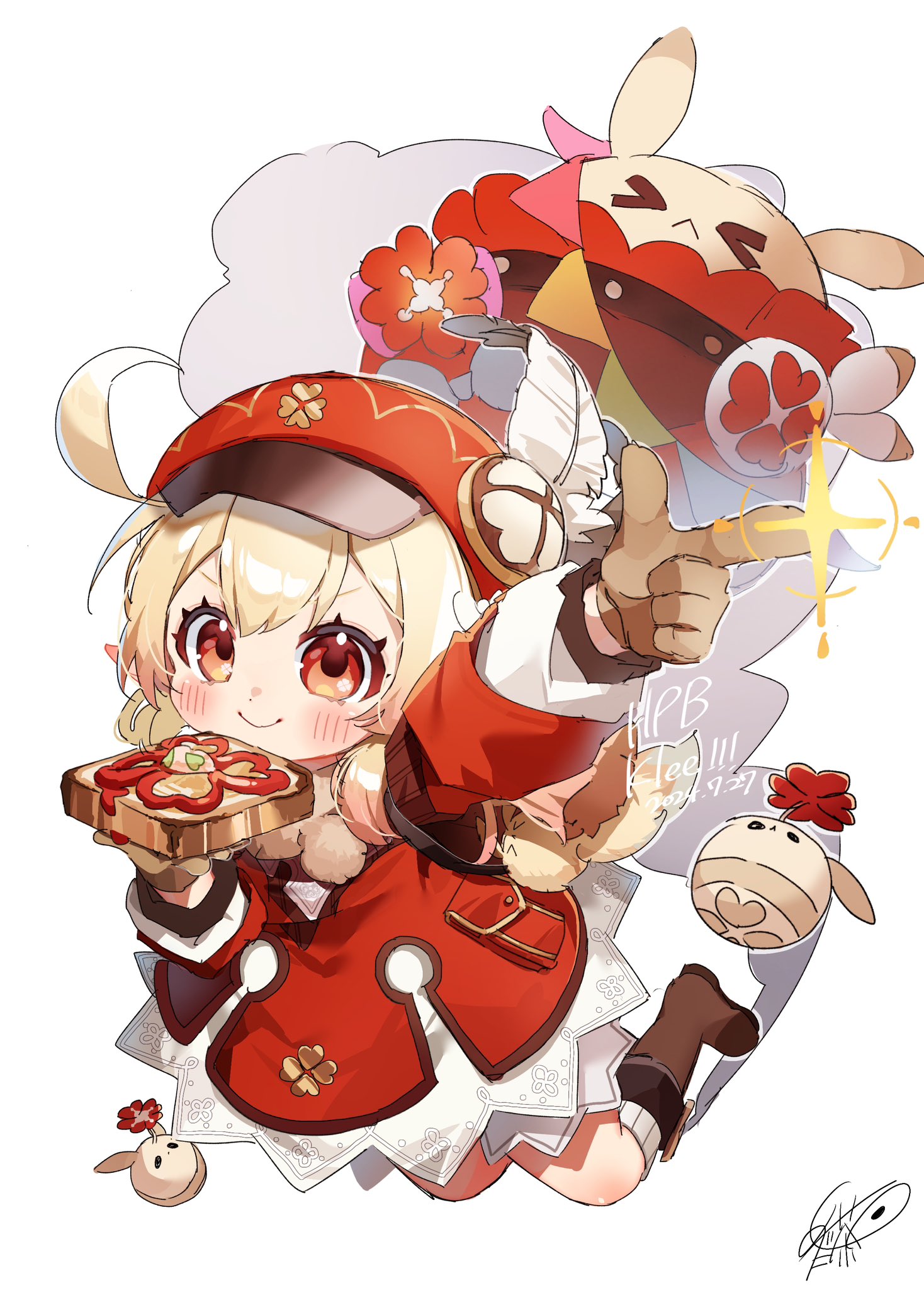 >_< 1girl ahoge arm_up artist_name bag_charm blonde_hair bloomers blush bomb boots bread bread_slice brown_boots brown_gloves cabbie_hat character_name charm_(object) closed_mouth clover_print coat commentary_request dated dodoco_(genshin_impact) dress explosive eyelashes fish-flavored_toast_(genshin_impact) food genshin_impact gloves hair_between_eyes hand_up happy_birthday hat hat_feather highres holding holding_food jumping jumpy_dumpty klee_(genshin_impact) long_hair long_sleeves looking_at_viewer low_twintails meda_cha outstretched_arm pocket pointy_ears pom_pom_(clothes) puffy_long_sleeves puffy_sleeves red_coat red_eyes red_hat ribbed_socks sidelocks signature simple_background smile socks solo toast twintails underwear v-shaped_eyebrows white_background white_bloomers white_dress white_socks