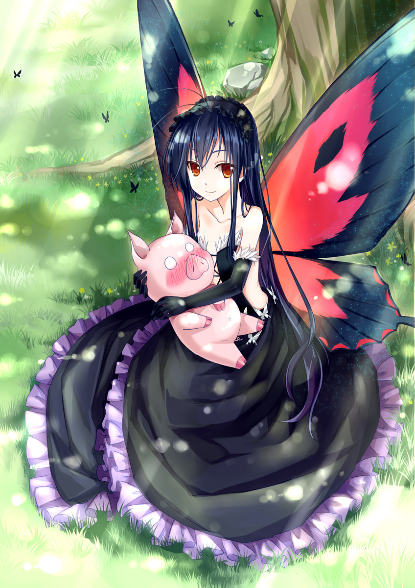 10s accel_world antenna_hair arita_haruyuki bare_shoulders black_hair blush butterfly_wings dress elbow_gloves frills gloves headband highres hika_(cross-angel) hug insect_wings kuroyukihime long_hair pig red_eyes sitting wings