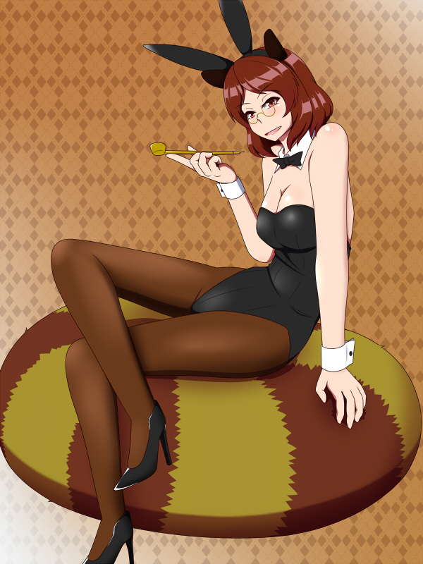 1girl animal_ears bow bowtie breasts brown_eyes brown_hair brown_pantyhose cleavage detached_collar fake_animal_ears female_focus futatsuiwa_mamizou glasses high_heels kiseru lactone large_breasts leotard open_mouth pantyhose playboy_bunny rabbit_ears raccoon_ears raccoon_tail sitting smile smoking_pipe solo tail touhou wrist_cuffs