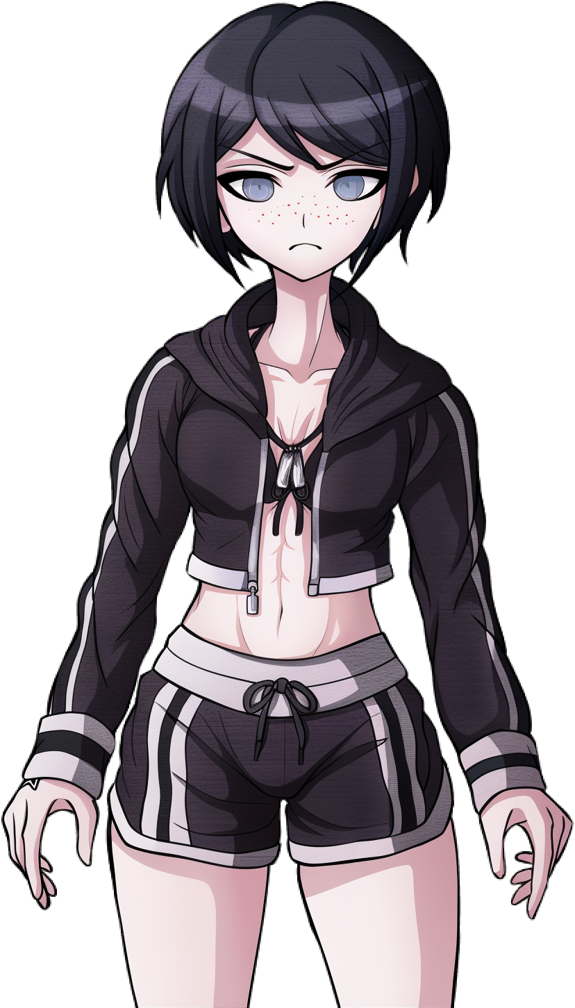 1girl abs bikini black_bikini black_hair black_jacket black_shorts blue_eyes breasts cleavage closed_mouth collarbone danganronpa:_trigger_happy_havoc danganronpa_(series) danganronpa_s:_ultimate_summer_camp female_focus freckles frown hand_tattoo highres ikusaba_mukuro jacket long_sleeved_jacket long_sleeves looking_at_viewer muscular muscular_female navel official_style parted_hair shorts small_breasts solo solo_focus standing striped_clothes striped_jacket striped_shorts swimsuit tattoo tattoo_on_hand third-party_edit white_stripes