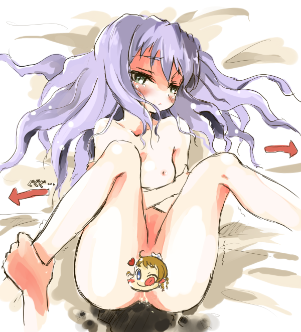 arika_yumemiya bad_id bad_pixiv_id bed_sheet breasts convenient_censoring flat_chest m_legs maromi_(am97) mashiro_blan_de_windbloom my-otome nude purple_hair pussy_juice small_breasts solo spread_legs wet yellow_eyes