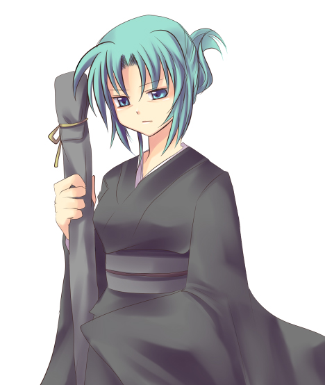 00s 1girl aged_up black_kimono female_focus folded_ponytail green_eyes green_hair higurashi_no_naku_koro_ni japanese_clothes kimono long_sleeves matching_hair/eyes obi sash serious simple_background solo sonozaki_akane sonozaki_mion subaru_(yachika) weapon_bag white_background yoigoshi-hen
