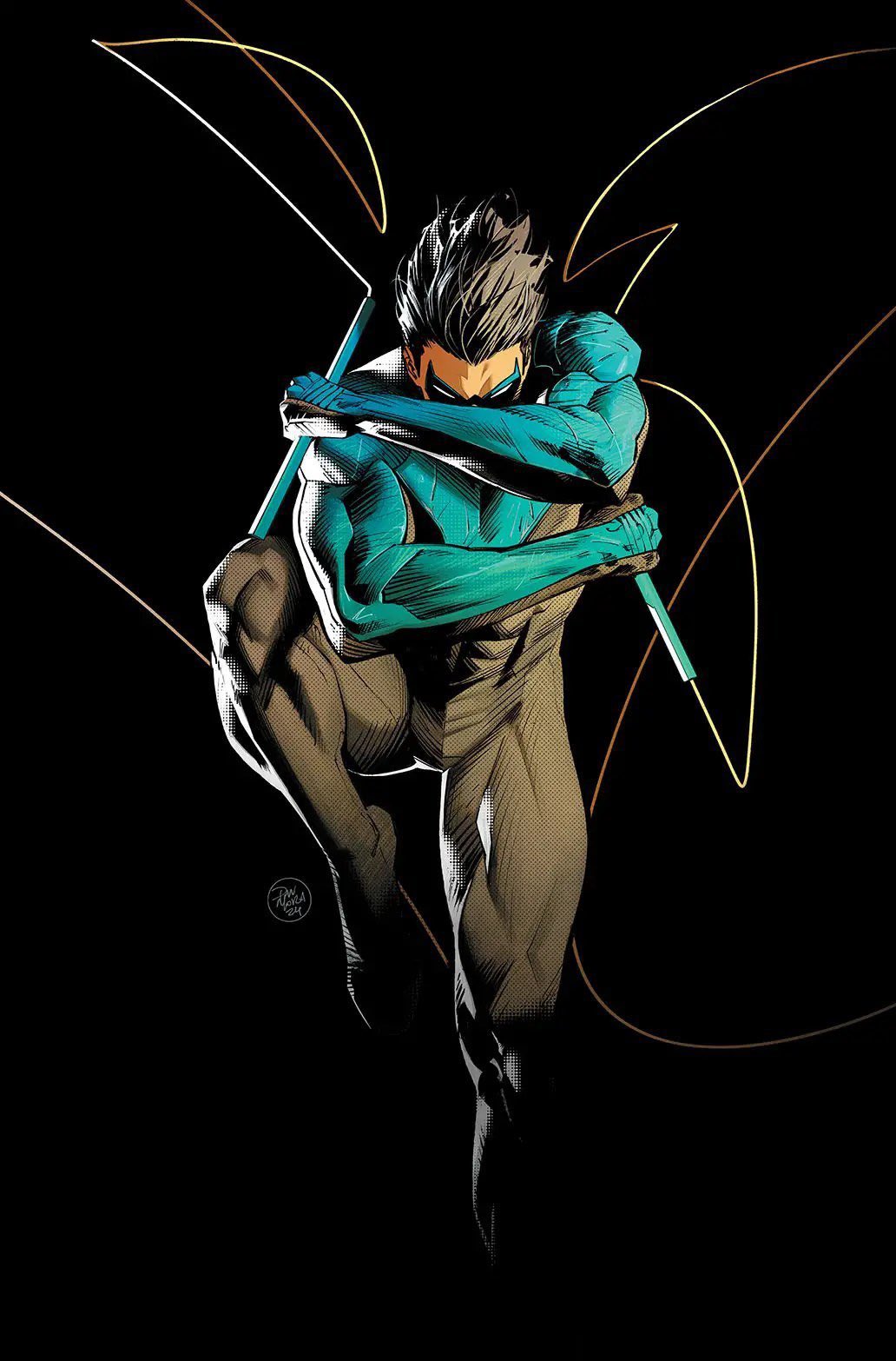 1boy batman_(series) black_bodysuit black_hair blue_bodysuit blue_mask bodysuit dan_mora dc_comics domino_mask full_body highres mask nightwing short_hair solo superhero_costume two-tone_bodysuit