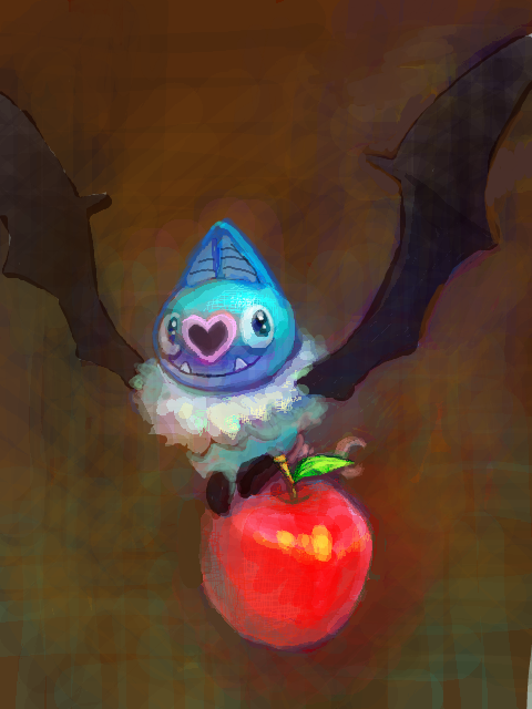 apple brown_background c: closed_mouth commentary commentary_request d&amp;p flying food fruit gen_5_pokemon holding_with_feet looking_to_the_side nintendo no_humans oekaki partial_commentary pokemon pokemon_(creature) pokemon_focus sideways_glance smile solo swoobat tegaki
