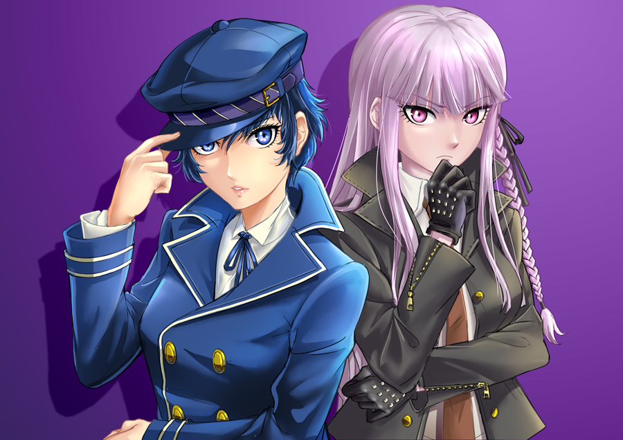 2girls albyee atlus black_bow black_gloves black_ribbon blue_eyes blue_hair blue_jacket bow braid braided_ponytail buckle closed_jacket closed_mouth crossover danganronpa:_trigger_happy_havoc danganronpa_(series) detective eyebrows eyelashes female_focus fingernails frown gloves hair_between_eyes hair_bow hair_ribbon hand_to_hat hand_to_own_mouth hand_up jacket kirigiri_kyoko leather leather_gloves leather_jacket long_hair long_sleeves looking_at_viewer matching_hair/eyes multiple_girls neck_ribbon necktie open_clothes open_jacket open_mouth persona persona_4 pink_lips purple_background purple_eyes purple_hair red_necktie ribbon shirogane_naoto shirt simple_background spike_chunsoft studded_gloves undershirt white_shirt white_trim zipper zipper_pull_tab