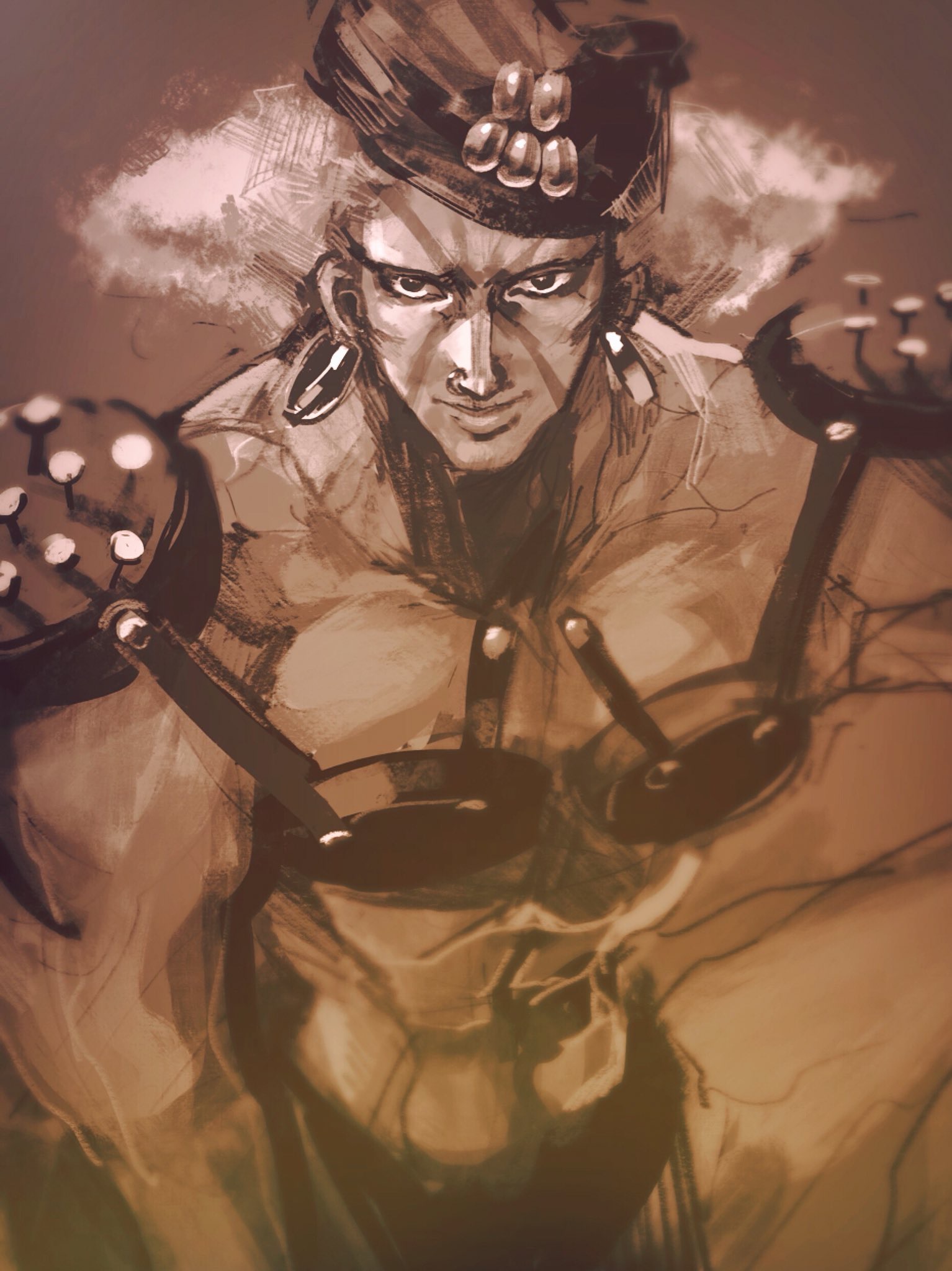 1boy armor bad_id bad_pixiv_id battle_tendency breastplate chocoblood curly_hair earrings esidisi facial_mark hat highres jewelry jojo_no_kimyou_na_bouken male_focus nose_piercing nose_ring piercing pincushion sepia shoulder_pads solo suspenders tattoo