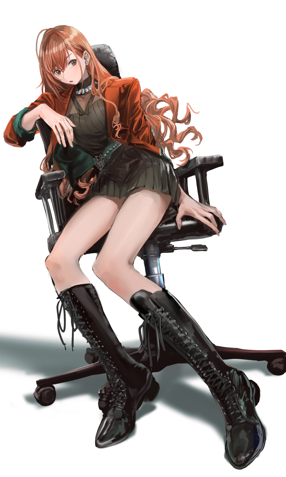 1girl ahoge arisugawa_natsuha black_skirt blush boots chinese_commentary commentary_request highres idolmaster idolmaster_shiny_colors infukun jacket knee_boots long_hair looking_at_viewer miniskirt on_chair orange_hair pleated_skirt red_jacket simple_background sitting skirt solo very_long_hair white_background