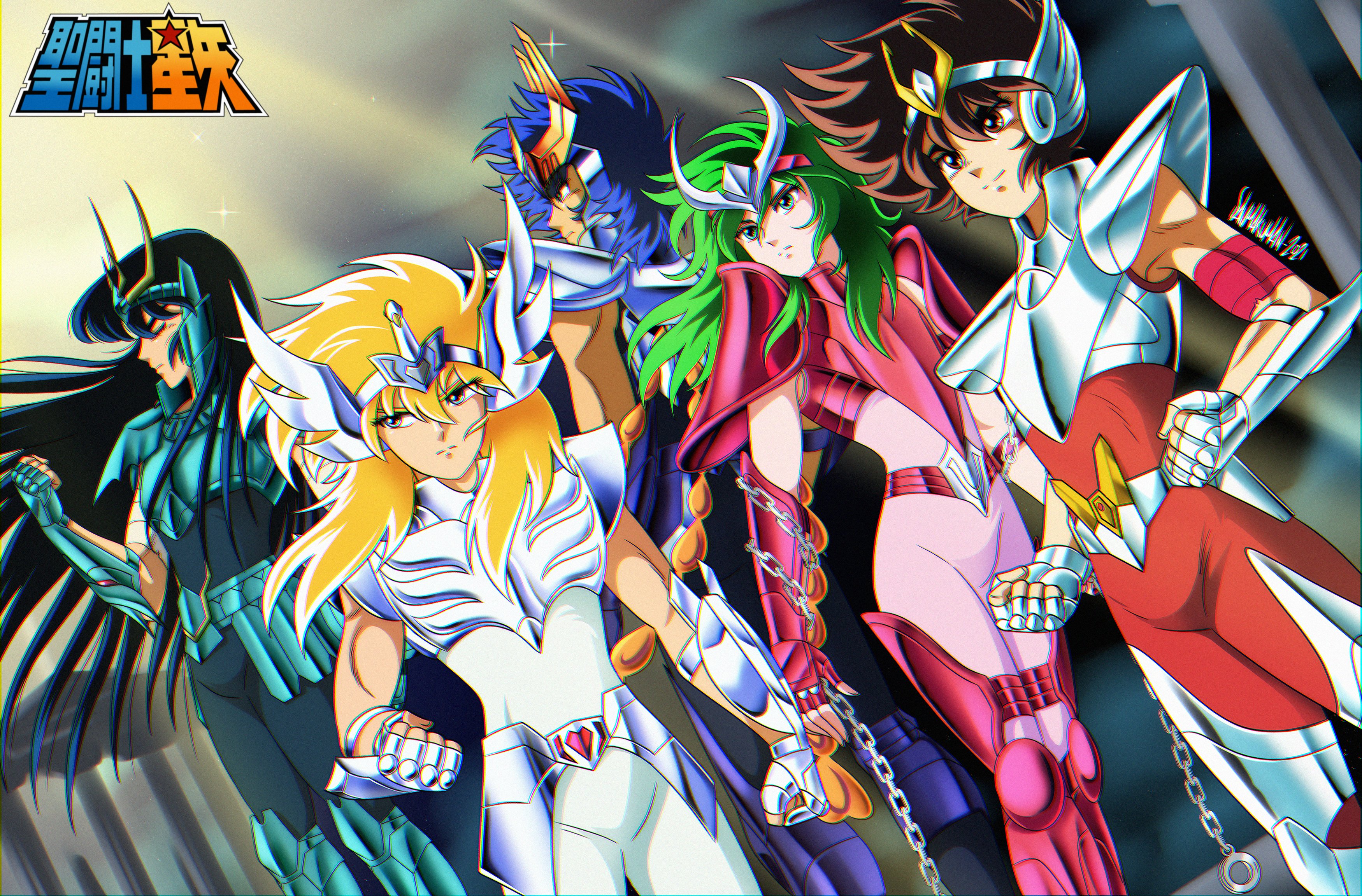 5boys absurdres andromeda_shun armor black_hair blonde_hair blue_hair brown_eyes brown_hair chain closed_eyes cygnus_hyouga danmakuman dragon_shiryuu green_eyes green_hair highres long_hair multiple_boys pegasus_seiya phoenix_ikki saint_seiya signature standing