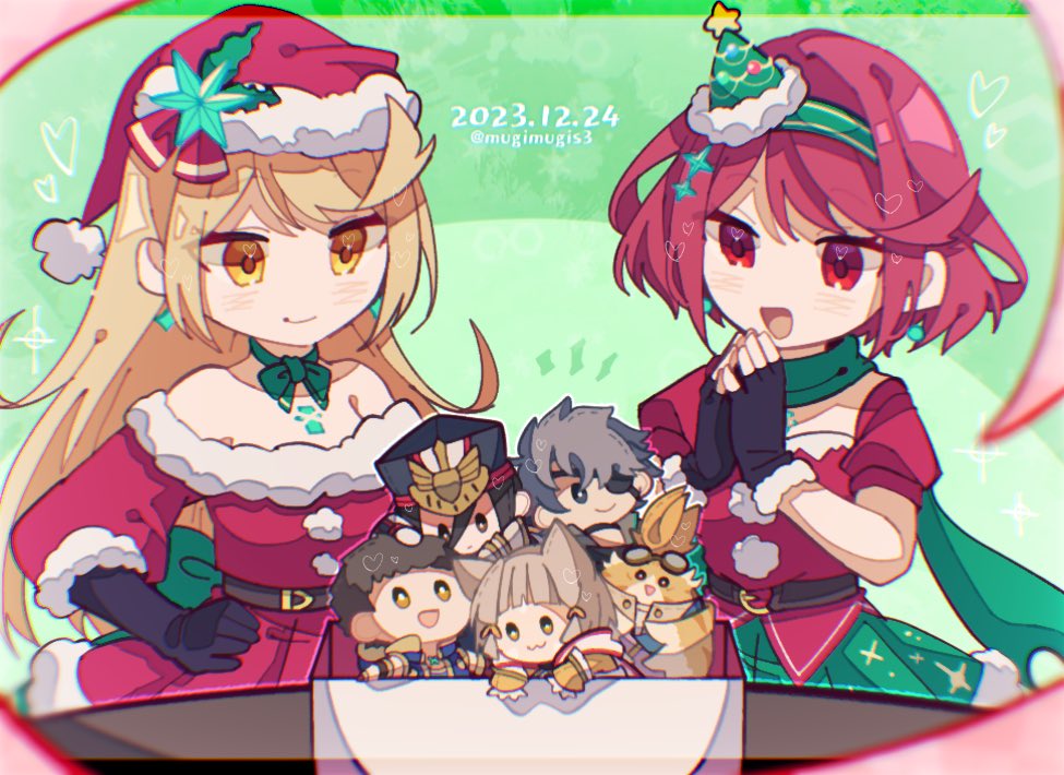 christmas morag_ladair_(xenoblade) mugimugis mythra_(xenoblade) nia_(xenoblade) pyra_(xenoblade) red_eyes red_hair rex_(xenoblade) stuffed_toy tora_(xenoblade_2) xenoblade_chronicles_(series) xenoblade_chronicles_2 zeke_von_genbu_(xenoblade)