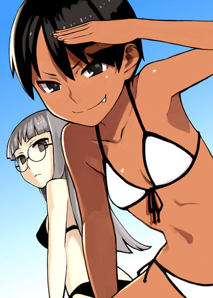 2girls black_hair bra breasts glasses grey_hair himuro_kane image_sample makidera_kaede multiple_girls non-web_source short_hair small_breasts tan teeth underwear upper_teeth_only yu_65026