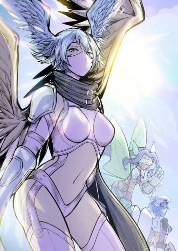 aircraft airplane armor digimon digimon_(creature) digimon_frontier fairimon gloves head_wings jetsilphymon long_hair mask short_hair shutumon wings
