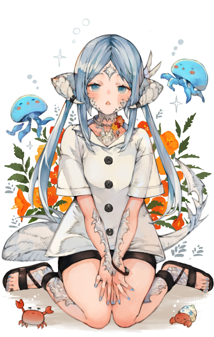 1girl au_ra black_shorts blue_eyes blue_hair blue_nails blush commentary commission crab dragon_horns dragon_tail final_fantasy final_fantasy_xiv flower hands_on_own_thighs hermit_crab highres horns jellyfish kemomin_nosuke light_blue_hair long_hair looking_at_viewer nail_polish orange_flower scales shorts skeb_commission solo straight-on tail triangle_mouth warrior_of_light_(ff14)