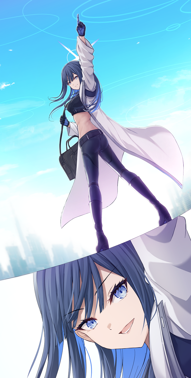 1girl arm_up bag black_footwear black_gloves black_hair black_pants black_shirt blue_archive blue_eyes blue_hair boots breasts closed_mouth coat colored_inner_hair gloves halo highres index_finger_raised knee_boots large_breasts long_hair merxkialis multicolored_hair multiple_views open_clothes open_coat open_mouth pants saori_(blue_archive) shirt sleeveless sleeveless_shirt smile white_coat