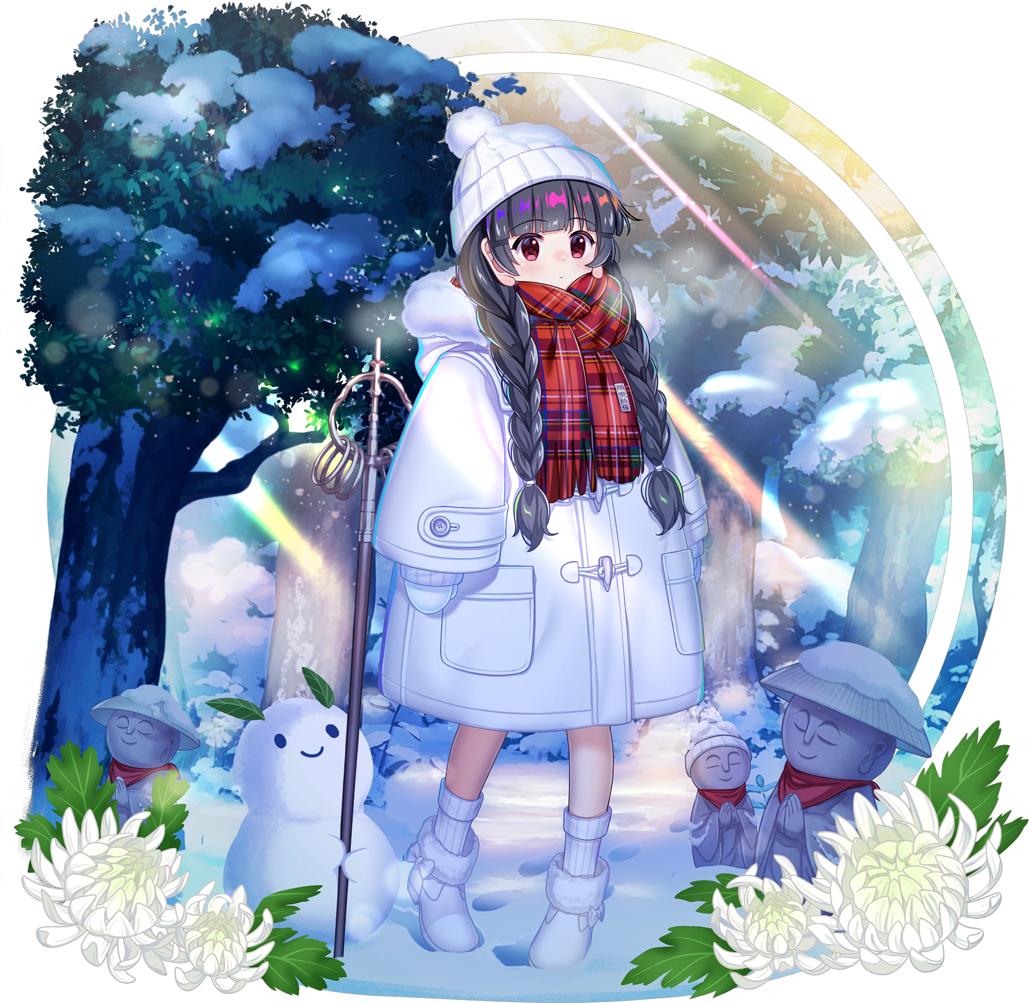 1girl alternate_costume alternate_headwear beanie black_hair blush boots bow braid closed_mouth coat flower flower_request footprints footwear_bow forest fur-trimmed_boots fur-trimmed_hood fur_trim game_cg hat highres hood hooded_coat jizou leaf long_earlobes long_hair long_sleeves looking_at_viewer nature official_art outdoors plaid_clothes plaid_scarf pocket red_eyes red_scarf rotte_(1109) scarf shakujou snow snowman socks solo staff third-party_source touhou touhou_lostword translation_request transparent_background tree twin_braids white_boots white_bow white_coat white_flower white_hat white_socks winter_clothes yatadera_narumi