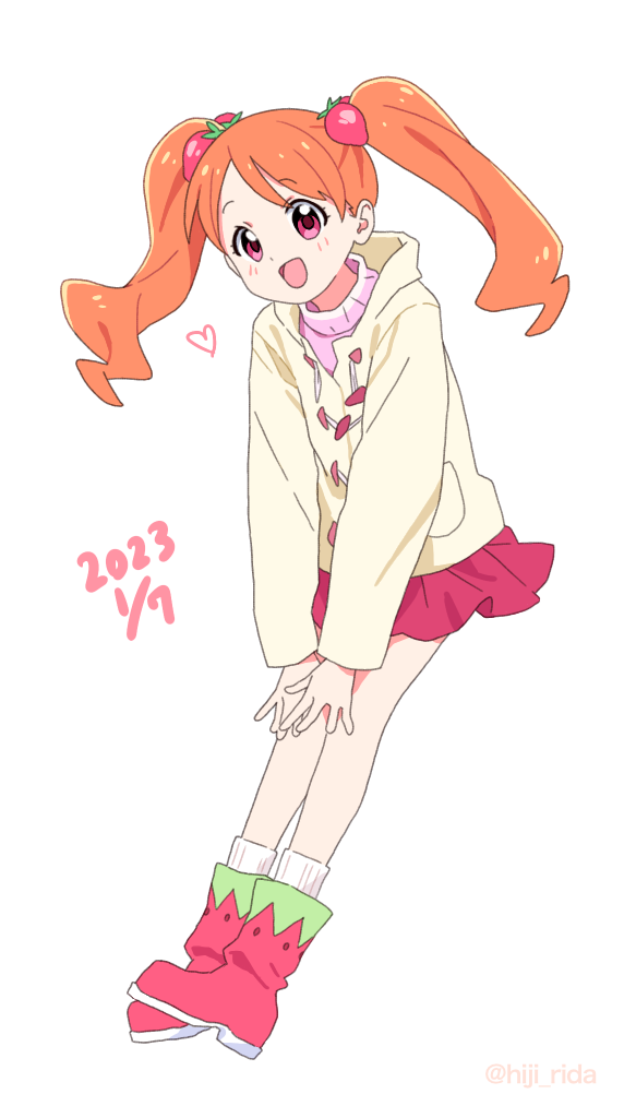 1girl ankle_boots boots coat commentary duffel_coat food-themed_footwear food-themed_hair_ornament full_body hair_ornament hiji_rida kirakira_precure_a_la_mode long_hair looking_at_viewer miniskirt orange_hair pink_eyes pink_skirt precure simple_background skirt smile solo strawberry_hair_ornament twintails usami_ichika white_background