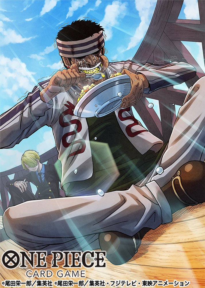 2boys black_hair black_necktie black_suit blonde_hair blue_shirt cigarette commentary_request cropped_jacket crying earrings eating formal_clothes gin_(one_piece) green_shirt headband holding holding_cigarette holding_plate holding_spoon indian_style jewelry male_focus multiple_boys nagare_seiya necktie one_piece one_piece_card_game plate sanji_(one_piece) shirt short_hair sitting sky spoon striped_clothes striped_shirt suit tears trembling vertical-striped_clothes vertical-striped_shirt