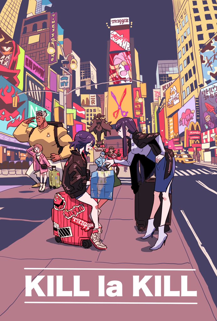 3boys 4girls ankle_boots black_hair bomber_jacket boots cameo casual cityscape company_connection couple gamagoori_ira harime_nui height_difference high-waist_skirt high_heel_boots high_heels holiday inumuta_houka jacket jacket_on_shoulders jakuzure_nonon kill_la_kill kiryuuin_ragyou kiryuuin_satsuki leaning_forward mankanshoku_mako map matoi_ryuuko mcdonald&#039;s multiple_boys multiple_girls neon_lights new_york_city sanageyama_uzu selfie shoes siblings sisters skirt sneakers statue stiletto_heels suitcase takeuchi_ryousuke times_square trigger_(company)