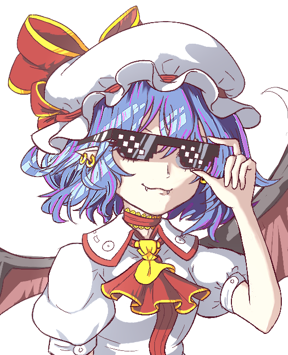 1girl adjusting_eyewear aksawshin ascot bat_wings blue_hair choker closed_mouth collared_shirt commentary earrings english_commentary fangs hair_between_eyes hat hat_ribbon jewelry mob_cap multicolored_ascot multicolored_ribbon pointy_ears puffy_short_sleeves puffy_sleeves red_ascot remilia_scarlet ribbon shirt short_hair short_sleeves simple_background smile solo sunglasses thug_life touhou upper_body white_background white_hat white_shirt wings yellow_ascot