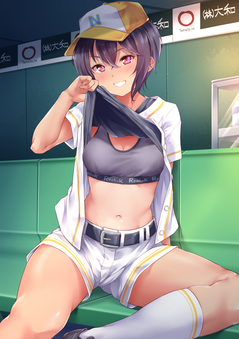 1girl :d baseball_cap belt belt_buckle black_footwear black_shirt blush breasts buckle cleavage clothes_lift clothes_writing commentary_request feet_out_of_frame female_focus grin hat highres jacket kanabun kneehighs lifting_own_clothes medium_breasts navel open_clothes open_jacket open_mouth original pink_eyes purple_hair reebok shirt shirt_lift short_hair short_sleeves shorts sitting smile socks solo sports_bra stomach teeth translation_request unbuttoned white_jacket white_shorts white_socks yellow_hat