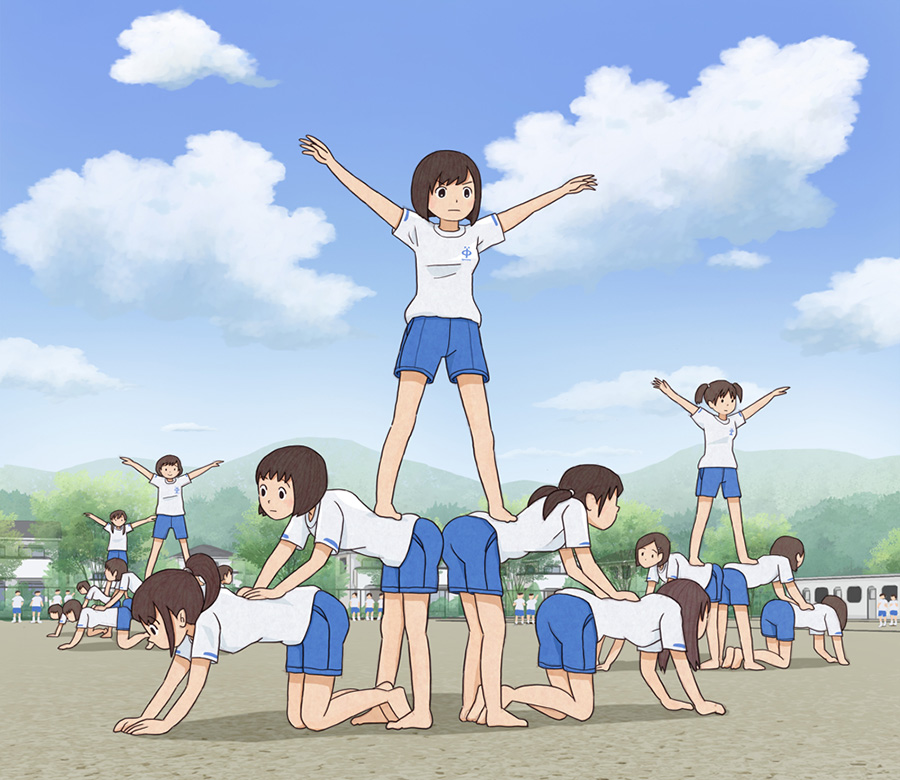 6+girls barefoot blue_shorts blue_sky brown_hair cloud cloudy_sky commentary gym_uniform human_pyramid kiyo_(kyokyo1220) multiple_girls original outdoors ponytail shirt short_hair shorts sky t-shirt twintails white_shirt