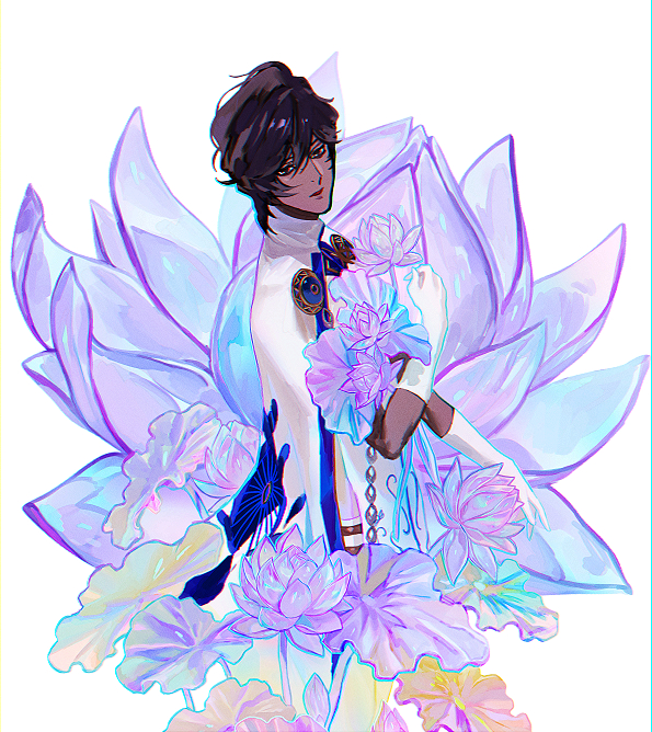 1boy arjuna_(fate) bishounen black_eyes black_hair daeraeband dark-skinned_male dark_skin fate/grand_order fate_(series) flower gloves holding lotus male_focus short_hair