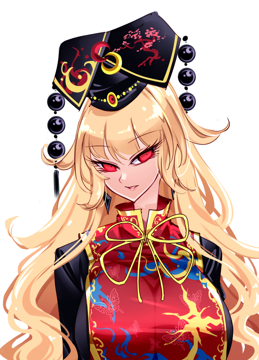 1girl animal_print beads bird_print black_dress black_hat blonde_hair breasts chinese_clothes crescent crescent_hat_ornament dress earrings eyelashes gem hair_between_eyes hat hat_ornament highres jewelry junko_(touhou) junko_day large_breasts long_hair long_sleeves looking_at_viewer mandarin_collar neck_ribbon open_mouth phoenix_crown phoenix_print raptor7 red_eyes red_gemstone red_tabard ribbon simple_background solo tabard tassel touhou upper_body white_background yellow_ribbon