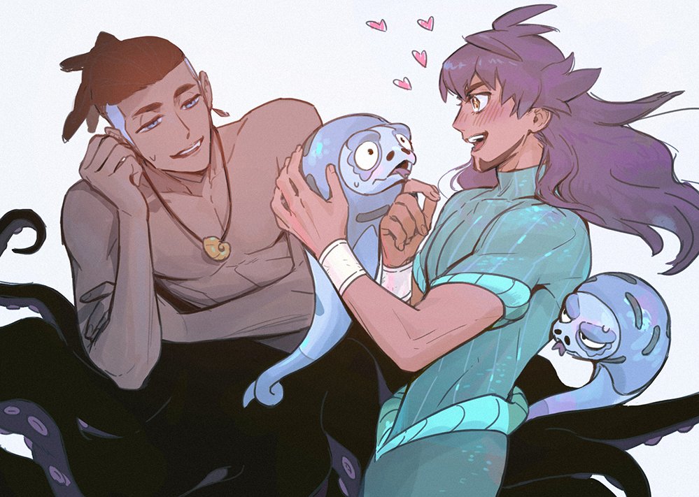 2boys :d ariel_(disney) ariel_(disney)_(cosplay) blush brown_hair collarbone cosplay creatures_(company) dark-skinned_male dark_skin earrings facial_hair game_freak gen_8_pokemon half-closed_eyes hands_up heart holding holding_pokemon jewelry leon_(pokemon) long_hair male_focus merman mikripkm monster_boy multiple_boys necklace nintendo open_mouth pokemon pokemon_(creature) pokemon_swsh purple_hair raihan_(pokemon) short_hair short_sleeves silicobra smile sweatdrop teeth tentacles the_little_mermaid_(disney) tongue topless_male undercut upper_teeth_only ursula_(disney) ursula_(disney)_(cosplay) white_background yellow_eyes