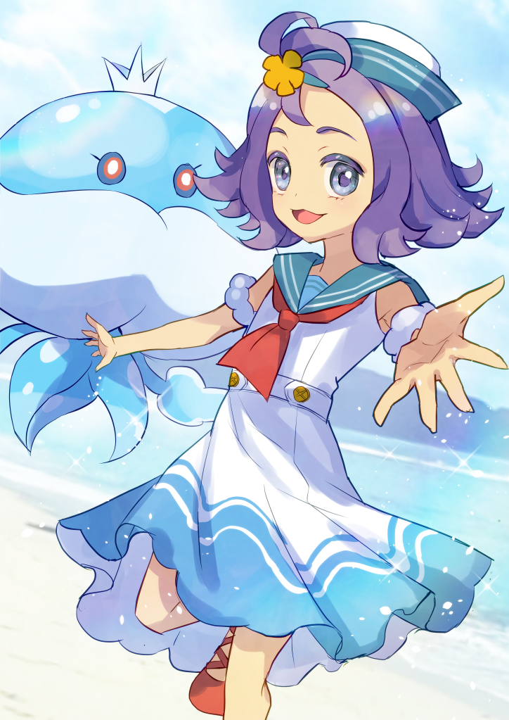 1girl :d acerola_(pokemon) acerola_(summer_2024)_(pokemon) armlet blue_eyes commentary_request day dress flipped_hair gen_5_pokemon hair_ornament hairclip happy hat jellicent jellicent_(male) jewelry leg_up mizukage_tsuki nintendo open_mouth outdoors pokemon pokemon_(creature) pokemon_masters_ex purple_hair sailor_collar sailor_dress sand shoes shore smile sparkle standing standing_on_one_leg topknot water white_dress