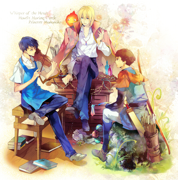 00s 1990s_(style) 3boys amasawa_seiji archery arrow_(projectile) ashitaka black_hair blonde_hair book bow_(weapon) brown_hair calcifer company_connection crossover futaba_hazuki howl howl_pendragon howl_no_ugoku_shiro instrument jewelry male_focus mimi_wo_sumaseba mononoke_hime multiple_boys pendant short_hair sitting studio_ghibli violin weapon