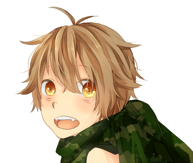 1boy brown_hair camouflage_scarf commentary_request green_scarf hair_between_eyes looking_at_viewer male_focus meiko_(nattu303) messy_hair open_mouth ragnarok_online ranger_(ragnarok_online) scarf short_hair simple_background smile solo teeth upper_body upper_teeth_only white_background yellow_eyes