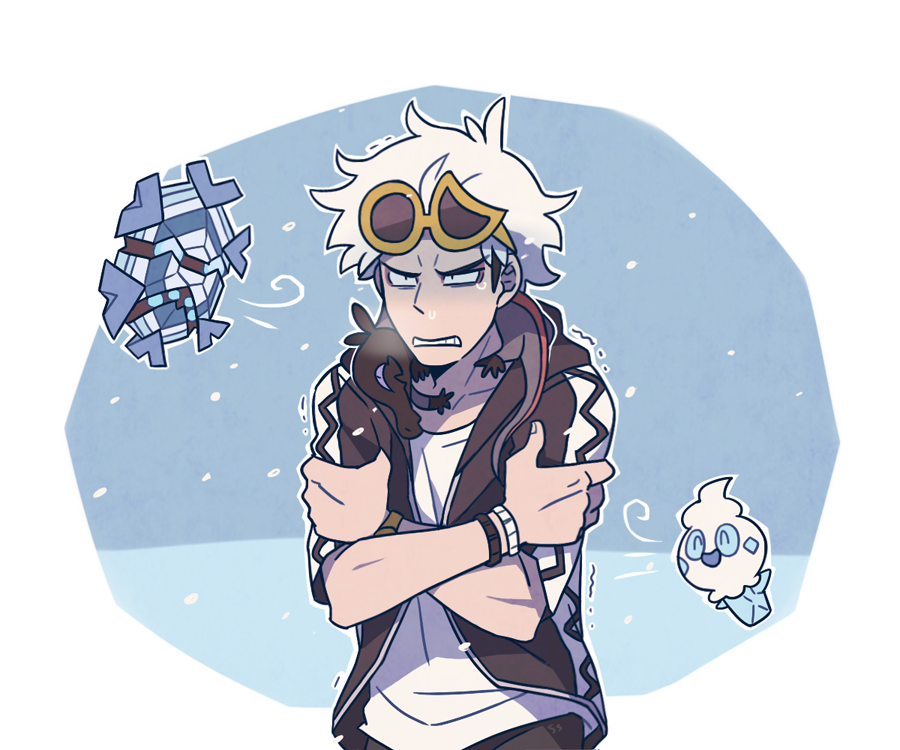 1boy black_hair black_jacket black_pants bracelet cold commentary cryogonal eyewear_on_head gen_5_pokemon gen_7_pokemon guzma_(pokemon) hood hooded_jacket jacket jewelry male_focus multicolored_hair nintendo pants pokemon pokemon_(creature) pokemon_sm salandit shirt short_sleeves ssalbulre sunglasses team_skull teeth trembling two-tone_hair undercut vanillite white_hair white_shirt yellow-framed_eyewear