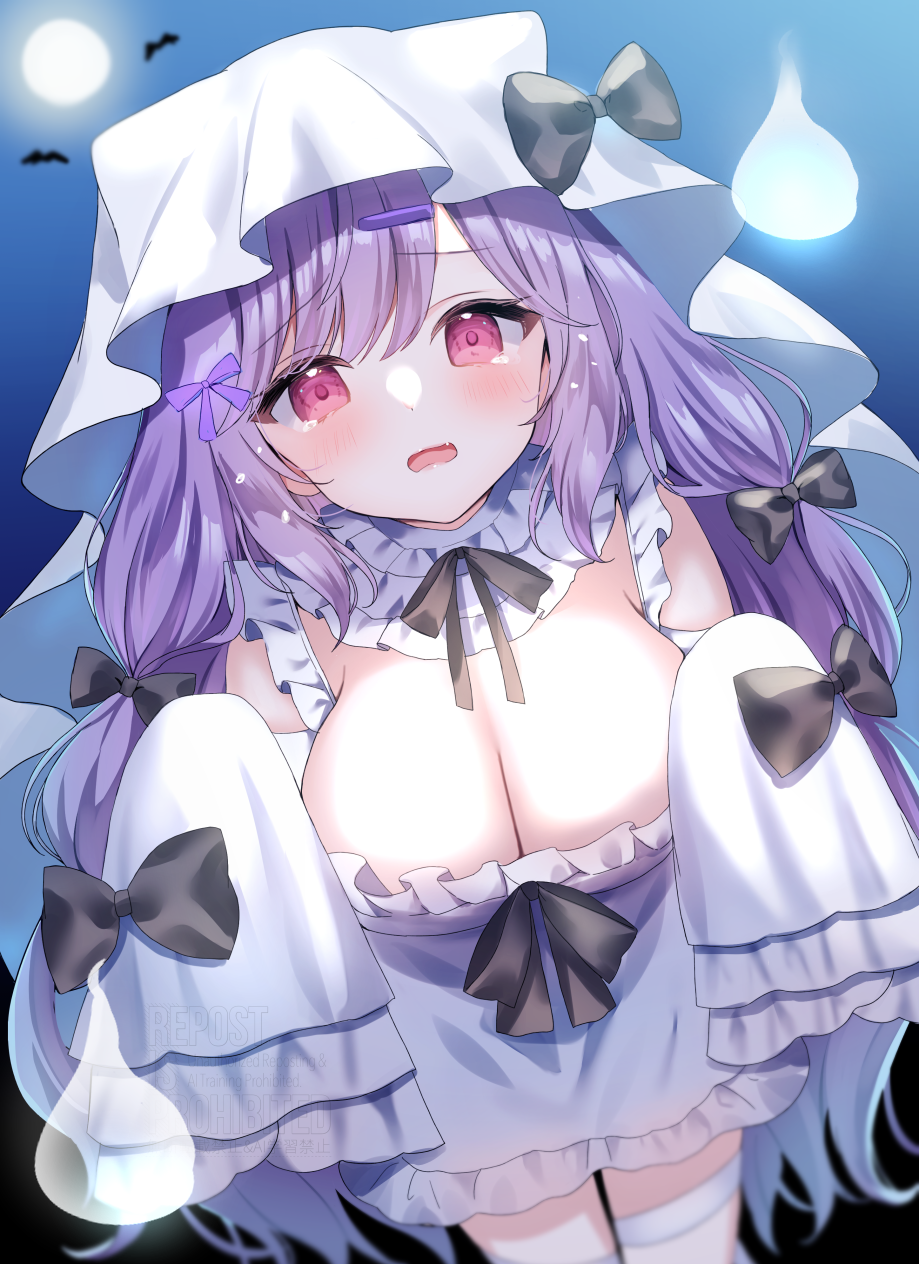 1girl animal_ears back_bow bare_shoulders bat_(animal) black_ribbon blue_background bow breasts cleavage collar commentary_request copyright_notice detached_collar detached_sleeves dress dress_bow frilled_collar frilled_dress frills full_moon furrowed_brow ghost_costume ghost_pose hair_bow hair_ornament hairclip halloween halloween_costume hamico hat highres hitodama kise_uppercut lace-trimmed_sleeves lace_trim large_breasts light_blush long_hair long_sleeves looking_at_viewer moon neck_ribbon night open_mouth original pink_eyes ribbon sheet_ghost simple_background sky sleeves_past_fingers sleeves_past_wrists solo swept_bangs tearing_up too_many_bows white_dress white_hat wide_sleeves