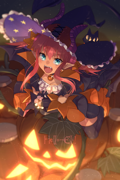 1girl asymmetrical_horns black_cat blue_eyes blush breasts cat curled_horns dragon_girl dragon_horns dragon_tail dress echo_(circa) elizabeth_bathory_(fate) elizabeth_bathory_(halloween_caster)_(fate) fate/grand_order fate_(series) halloween hat horns jack-o&#039;-lantern long_hair looking_at_viewer open_mouth pink_hair pointy_ears small_breasts solo striped_clothes striped_dress tail uneven_horns vertical-striped_clothes vertical-striped_dress witch_hat