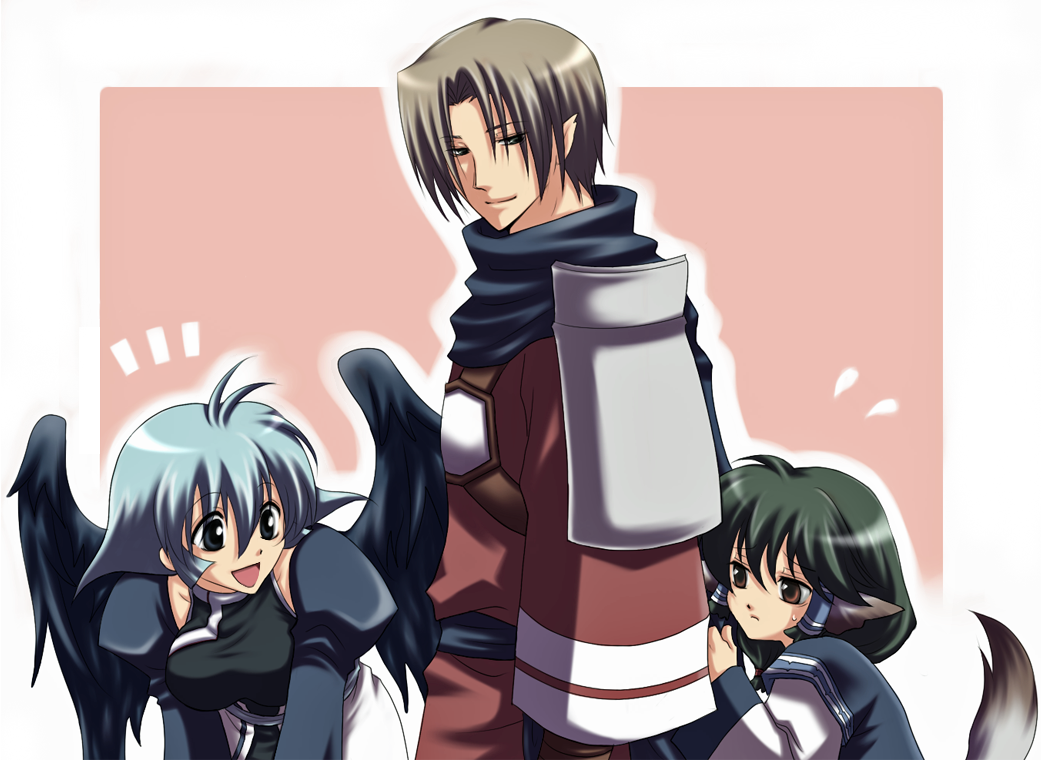 1boy 2girls animal_ears antenna_hair armor aruruu benawi black_hair black_wings blue_eyes blue_hair brown_eyes brown_hair dog_ears hiding japanese_clothes camyu madogo multiple_girls pointy_ears short_hair shy silver_hair simple_background smile souma_(k_souma) sweatdrop tail utawarerumono wings