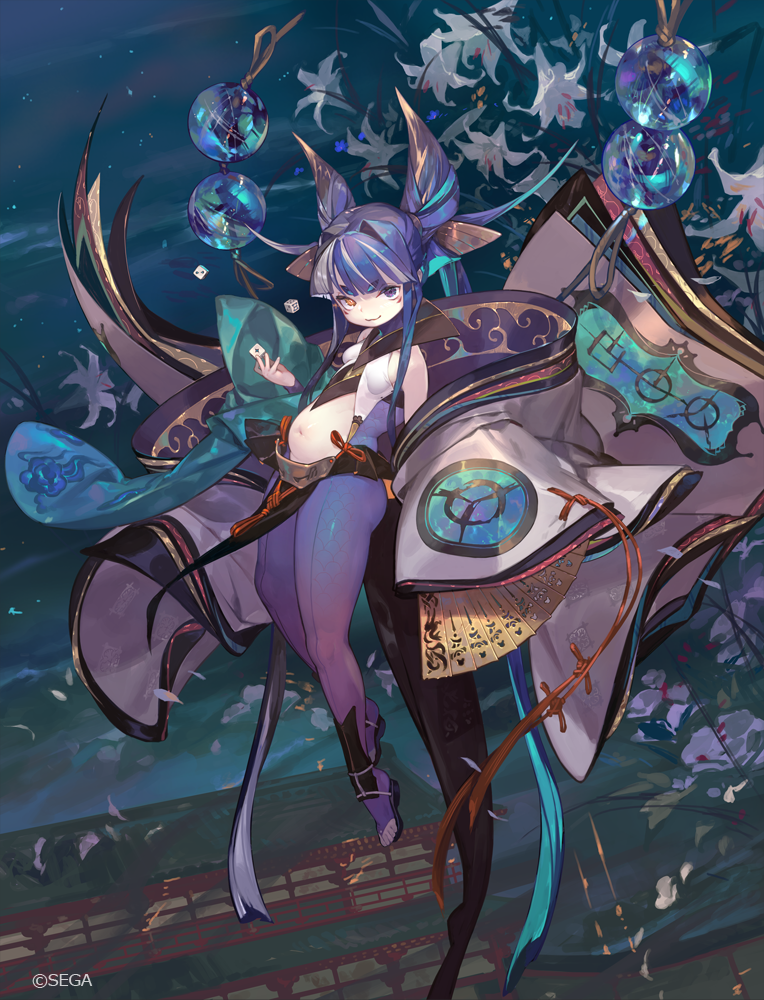 1girl bifukumon-in big_belly closed_mouth commentary_request copyright_notice dice eiketsu_taisen facial_mark floating folding_fan full_body hand_fan heterochromia holding holding_dice navel official_art orange_eyes pantyhose purple_eyes purple_hair purple_pantyhose sidelocks so-taro toeless_legwear wide_sleeves