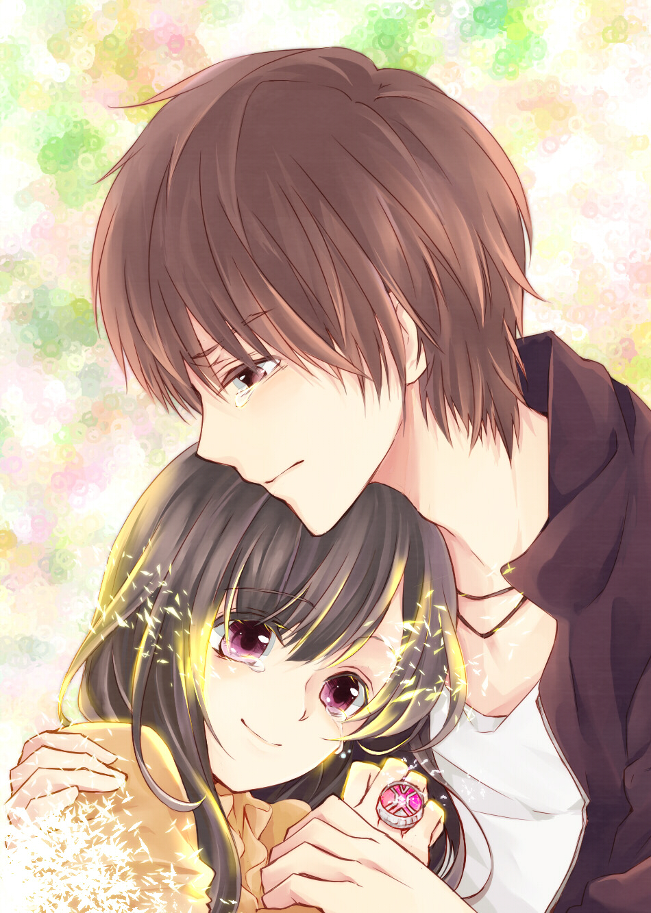 1boy 1girl black_hair brown_eyes brown_hair hetero highres hug jewelry kamen_rider kamen_rider_wizard_(series) koyomi_(kamen_rider_wizard) long_hair purple_eyes ring souma_haruto tears upper_body zhihua