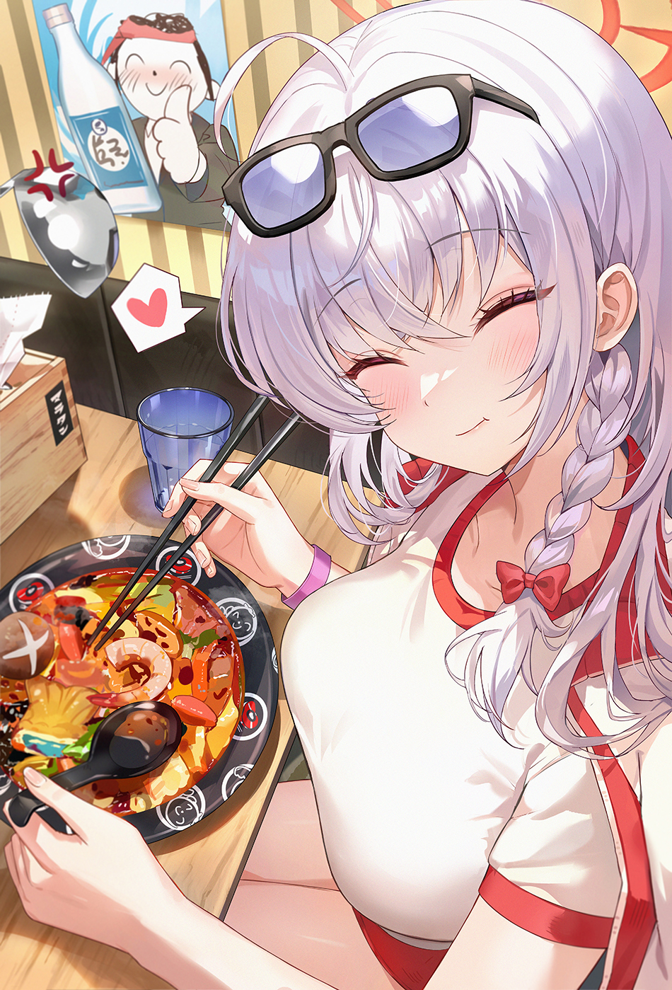 1girl anger_vein blue_archive blush braid breasts bromide buruma chinese_spoon chopsticks closed_eyes collarbone commentary doodle_sensei_(blue_archive) eating eyewear_on_head food grey_hair gym_shirt gym_uniform haruna_(blue_archive) haruna_(track)_(blue_archive) heart highres holding holding_chopsticks holding_spoon jacket jacket_on_shoulders large_breasts looking_at_viewer looking_to_the_side mrr_05 noodles official_alternate_costume ramen red_buruma restaurant sensei_(blue_archive) shirt single_braid sitting spoken_heart spoon tinted_eyewear track_jacket