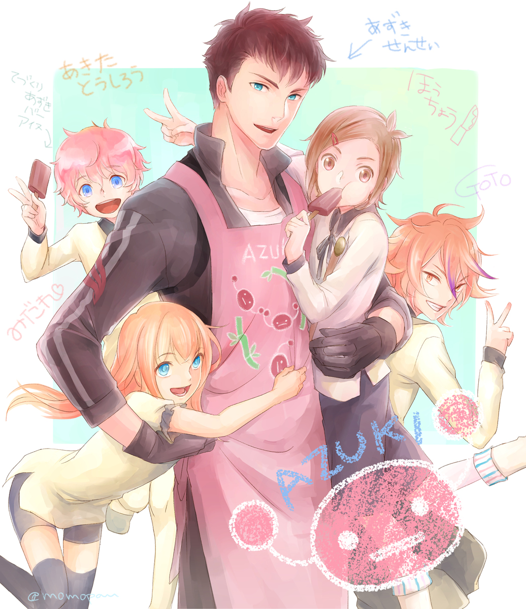 10s 5boys :d akita_toushirou apron azuki_nagamitsu_(touken_ranbu) black_gloves black_legwear blonde_hair blue_eyes brown_eyes brown_hair character_name eating food gloves gotou_toushirou grin hair_ornament hairclip highres houchou_toushirou hug jacket male_focus midare_toushirou momopanda multiple_boys open_mouth pink_hair popsicle red_hair shorts smile thighhighs touken_ranbu track_jacket translated v