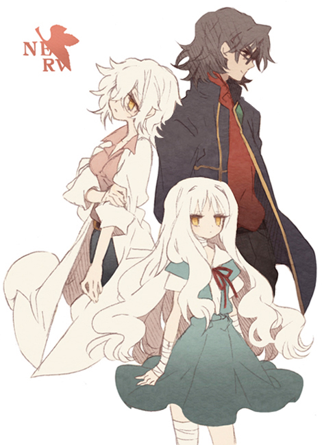 1boy 2girls akagi_ritsuko akagi_ritsuko_(cosplay) ayanami_rei ayanami_rei_(cosplay) brown_hair caren_hortensia claudia_hortensia cosplay family fate/stay_night fate/zero fate_(series) glasses guilty ikari_gendou ikari_gendou_(cosplay) kotomine_kirei lab_coat multiple_girls neon_genesis_evangelion parody school_uniform sleeves_rolled_up tsumi_guilty white_hair yellow_eyes