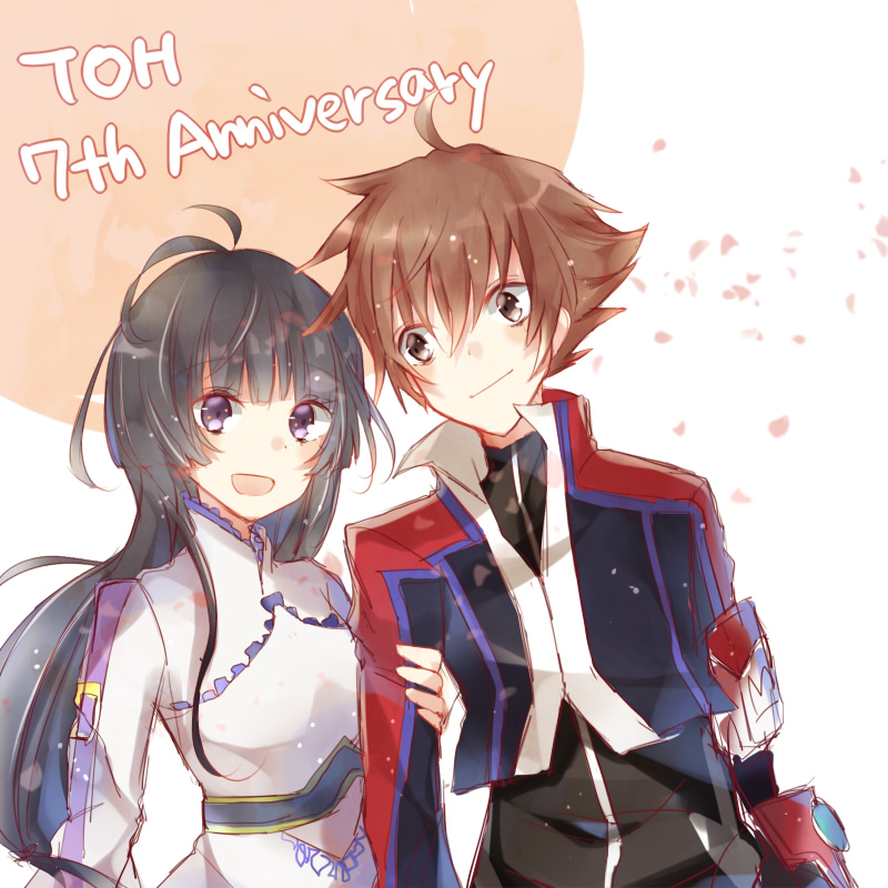 1boy 1girl ahoge black_hair breasts brown_eyes brown_hair frills jacket kohaku_hearts long_hair open_mouth purple_eyes kor_meteor short_hair tales_of_(series) tales_of_hearts