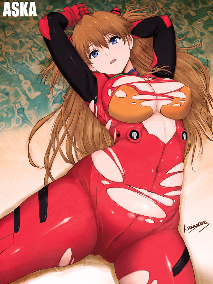 1girl arms_behind_head arms_up blue_eyes blush bodysuit breasts brown_hair character_name hair_between_eyes hair_ornament interface_headset_(evangelion) large_breasts lips long_hair looking_at_viewer lying mecha_pilot_suit neon_genesis_evangelion niwatori_kokezou open_mouth orange_hair parted_lips plugsuit_(evangelion) red_bodysuit shiny_clothes shiny_skin smile solo souryuu_asuka_langley spread_legs torn_bodysuit torn_clothes very_long_hair