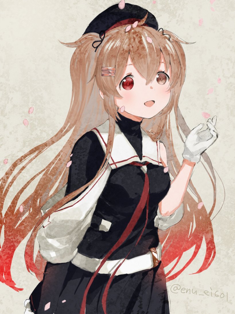 1girl black_hat black_skirt breasts brown_eyes brown_hair cherry_blossoms gloves gradient_hair grey_background hair_between_eyes hair_ornament hair_ribbon hairclip hat heterochromia kantai_collection karamomo long_hair looking_at_viewer medium_breasts multicolored_hair murasame_(kancolle) murasame_kai_ni_(kancolle) one-hour_drawing_challenge open_mouth petals red_eyes red_hair ribbon sailor_collar school_uniform serafuku skirt solo twitter_username two_side_up very_long_hair white_gloves white_sailor_collar