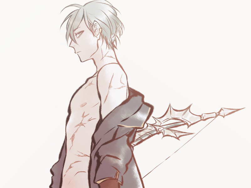 1boy ashe_ubert bags_under_eyes black_coat bow_(weapon) closed_mouth coat coat_partially_removed cosu_(guessibetter) fire_emblem fire_emblem:_three_houses green_eyes grey_hair hair_behind_ear looking_to_the_side male_focus multiple_scars nintendo nipples pectorals profile scar scar_on_chest scar_on_hip scar_on_neck sidepec sideways_glance solo weapon