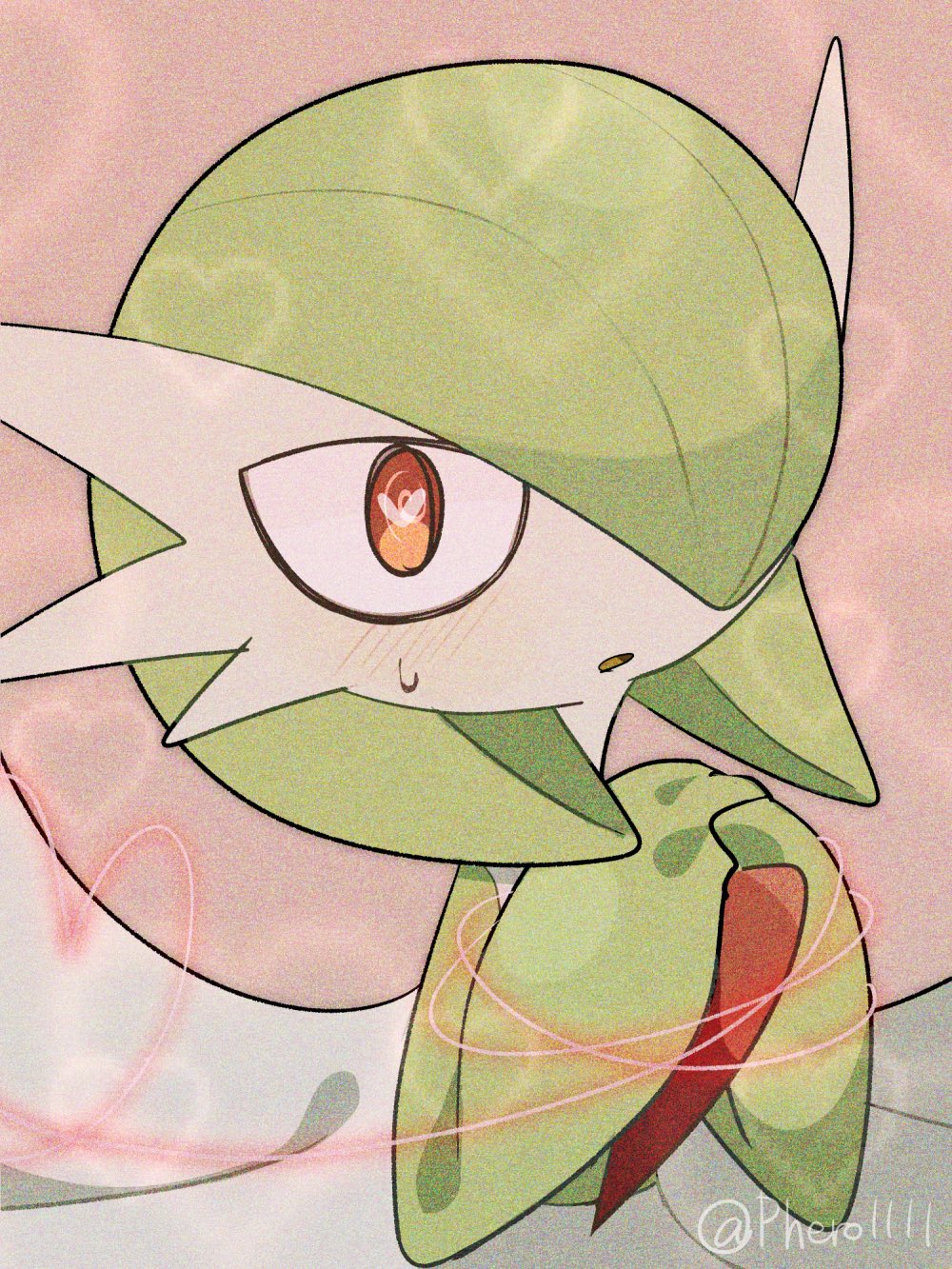 a-nya artist_name blush bob_cut colored_skin gardevoir gen_3_pokemon green_hair green_skin hair_over_one_eye heart heart_in_eye highres multicolored_skin nintendo pink_background pink_eyes pokemon pokemon_(creature) simple_background string string_of_fate sweatdrop symbol_in_eye two-tone_skin white_skin
