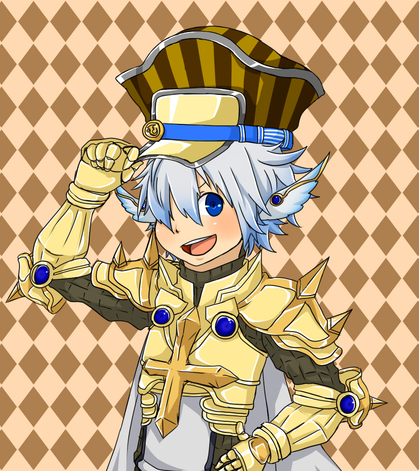 1boy :d armor blue_eyes blue_hair blush breastplate brown_background brown_hat cape chainmail checkered_background commentary_request gauntlets gold_armor grey_cape grey_tabard hair_between_eyes hair_over_one_eye hat head_wings long_bangs looking_at_viewer male_focus meiko_(nattu303) open_mouth ragnarok_online rune_knight_(ragnarok_online) short_hair smile solo spiked_pauldrons upper_body white_wings wings