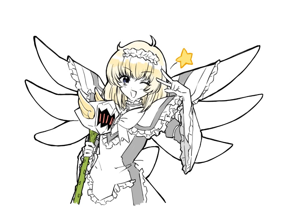 digimon digimon_next happy mikihara_norn one_eye_closed personification simple_background smile star_(symbol) white_background wings wink yggdrasill_(digimon) yggdrasill_7d6
