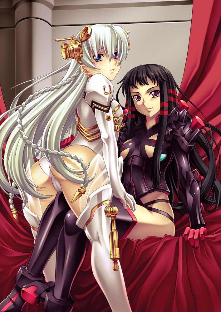 2girls ar_tonelico ar_tonelico_ii arm_support armor ass between_legs black_hair black_legwear blue_eyes blush boots braid breastplate breasts cameltoe clothing_cutout curtains female_focus frottage gloves greaves groin hair_ornament hand_on_another&#039;s_hip headgear highleg highleg_leotard indoors jakuri_(ar_tonelico) kneepits leaning_forward leotard light_smile long_hair long_sleeves looking_at_viewer looking_back multicolored_hair multiple_girls nagayori panties pantyshot pauldrons purple_eyes red_gloves red_hair see-through_clothes shiny_clothes shoulder_armor shurelia_(ar_tonelico) shy sidelocks sitting small_breasts smile straddling streaked_hair striped thigh_boots thigh_grab thigh_straddling thighhighs twin_braids two-tone_hair underboob underboob_cutout underwear vambraces vertical_stripes very_long_hair white_gloves white_hair white_legwear yuri