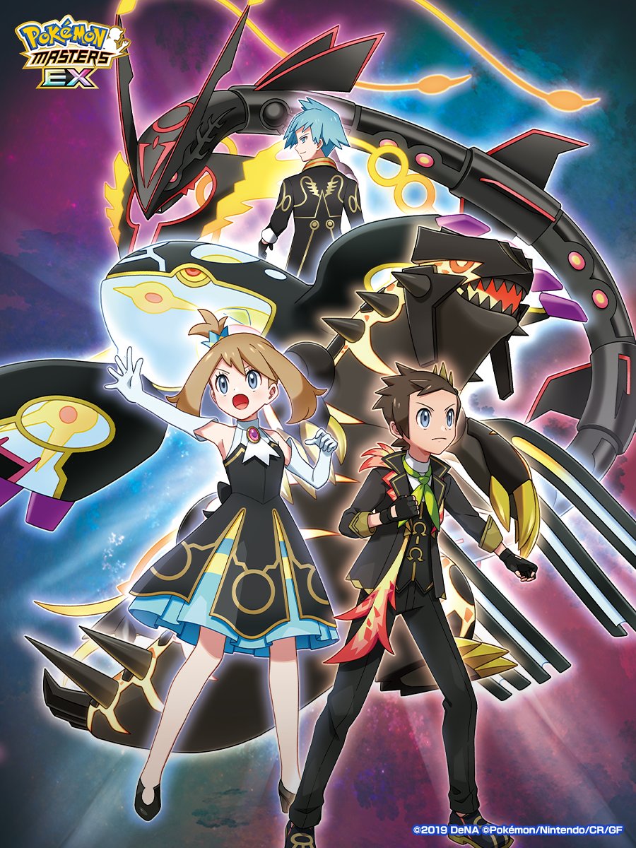 1girl 2boys :o alternate_color ascot black_dress black_gloves black_shoes brendan_(champion)_(pokemon) brendan_(pokemon) brown_hair closed_mouth commentary_request copyright_name dress elbow_gloves eyelashes fingerless_gloves gen_3_pokemon gloves grey_eyes groudon highres jacket kyogre legendary_pokemon may_(champion)_(pokemon) may_(pokemon) medium_hair mega_pokemon mega_rayquaza multiple_boys nintendo official_alternate_costume official_art one_side_up open_mouth outstretched_arm pants pokemon pokemon_masters_ex primal_groudon primal_kyogre rayquaza shiny_pokemon shirt shoes short_hair steven_stone tongue vest watermark white_shirt