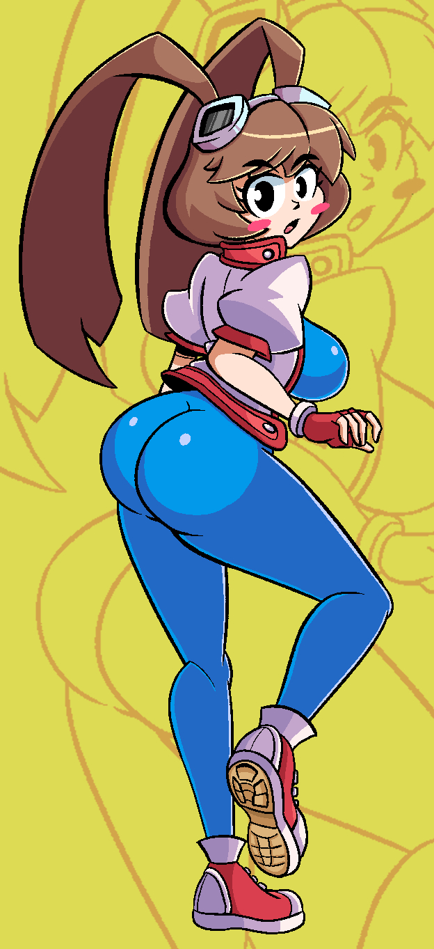 1girl animal_ears ass blue_unitard blush_stickers bob_cut breasts brown_hair commentary commission cropped_jacket english_commentary fingerless_gloves from_behind full_body gloves goggles goggles_on_head highres huge_ass jacket kevin_arthur large_breasts leg_up looking_at_viewer makihara_arina rabbit_ears red_shoes shoes short_hair skin_tight sneakers solo surprised thick_thighs thighs waku_waku_7 white_jacket wide_hips yellow_background zoom_layer